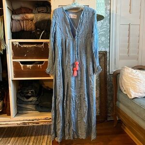 Blue Tiered Ruffled Gown with Bishop Sleeves